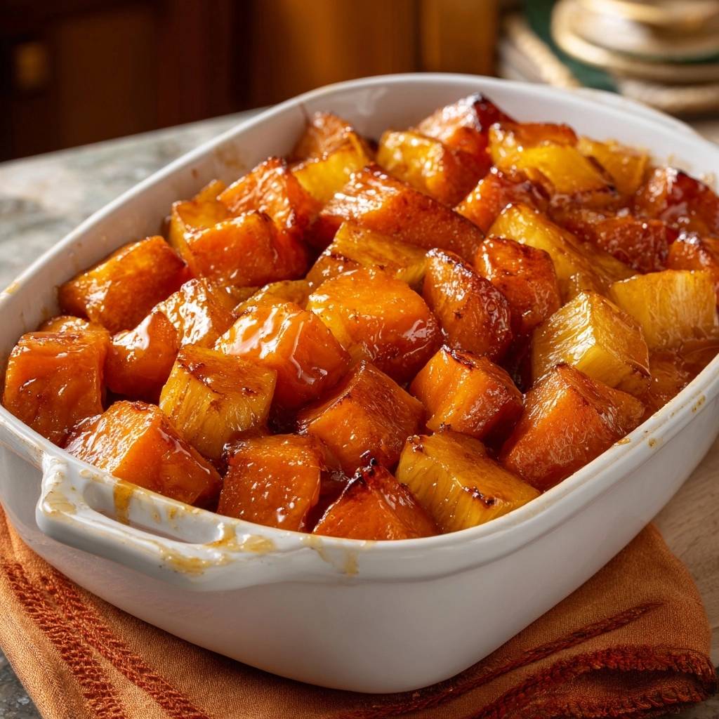 Glazed sweet potatoes and pineapple in a white baking dish, showing the caramelized topping up close.