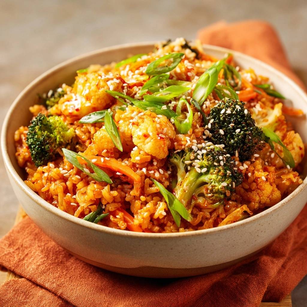 Gochujang veggie fried rice in a bowl, garnished with sesame seeds and green onions, showcasing broccoli and cauliflower.