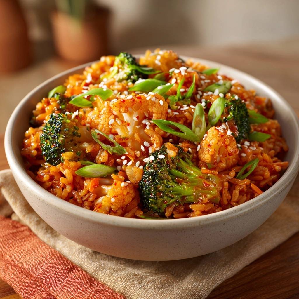 Gochujang veggie fried rice shown in a bowl, garnished with sesame seeds and green onions.