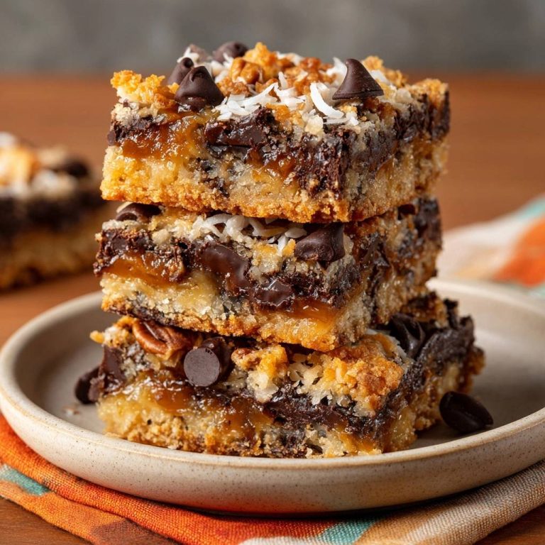 Gooey caramel coconut pecan bars stacked high, showing layers of chocolate chips, caramel, and coconut topping.