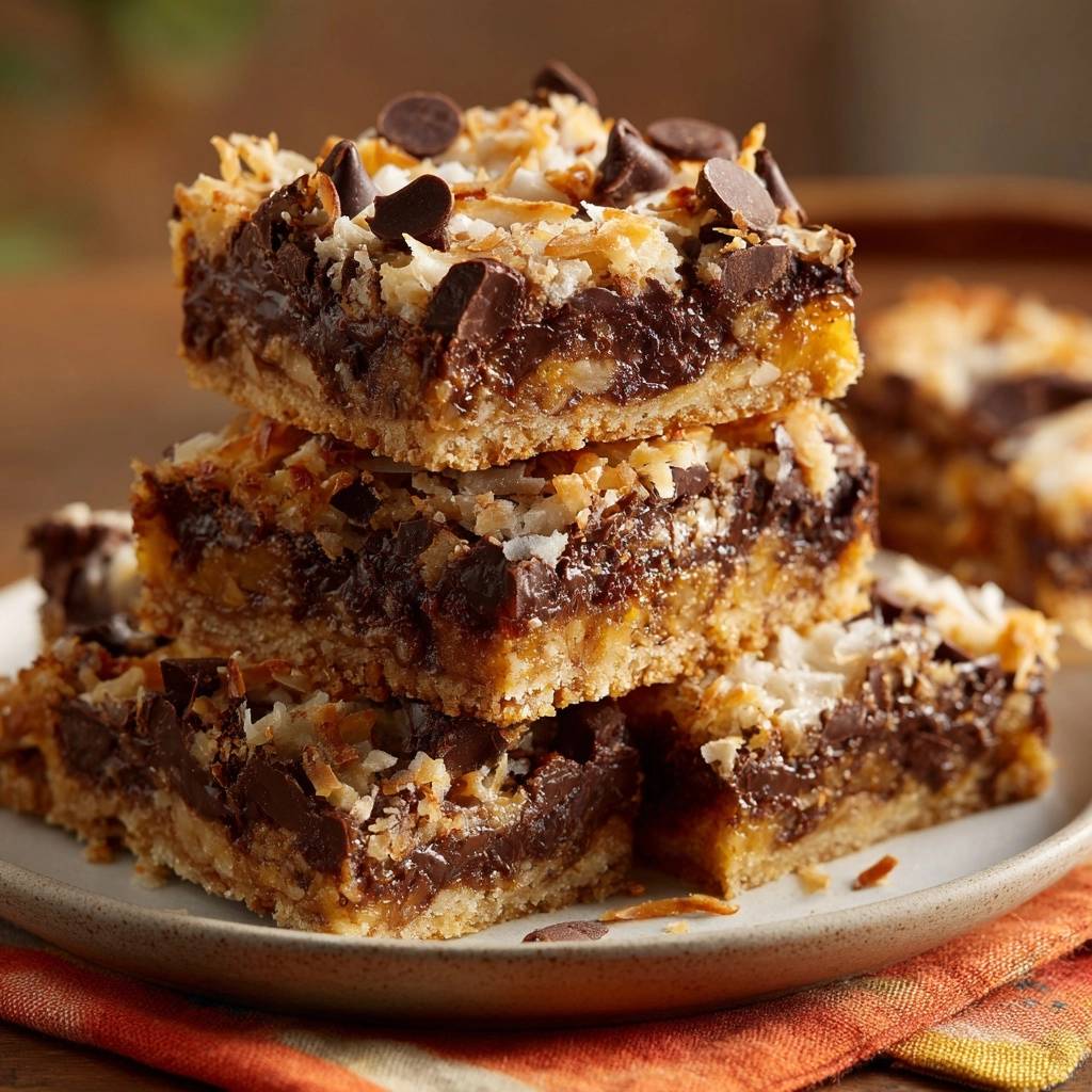Gooey caramel coconut pecan bars stacked on a plate, showing a close-up view of the layers and toppings.