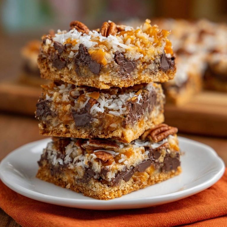 Gooey chocolate coconut pecan toffee bars stacked high on a white plate, showcasing their rich layers.