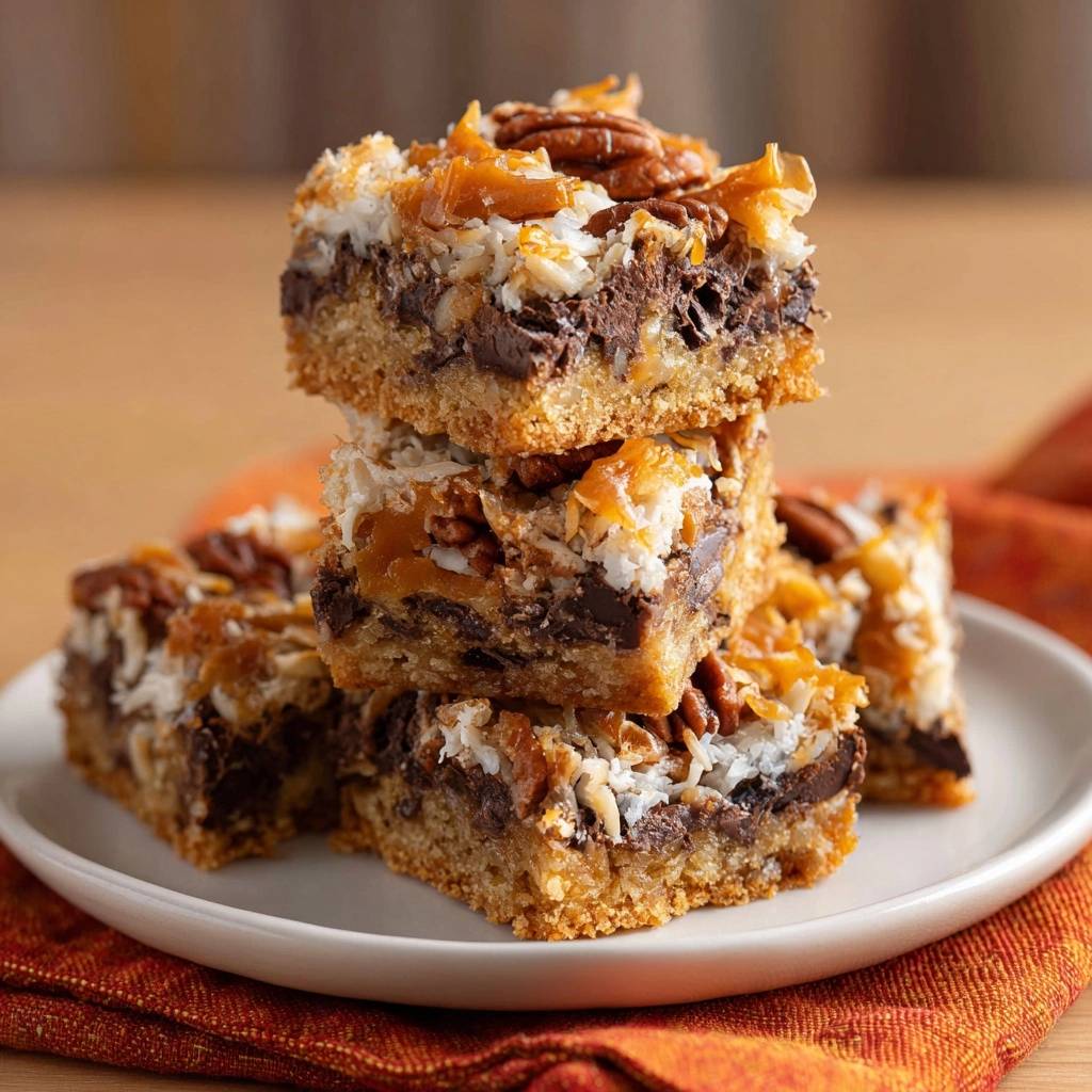 Gooey chocolate coconut pecan toffee bars stacked attractively on a white plate, highlighting their rich layers and toppings.