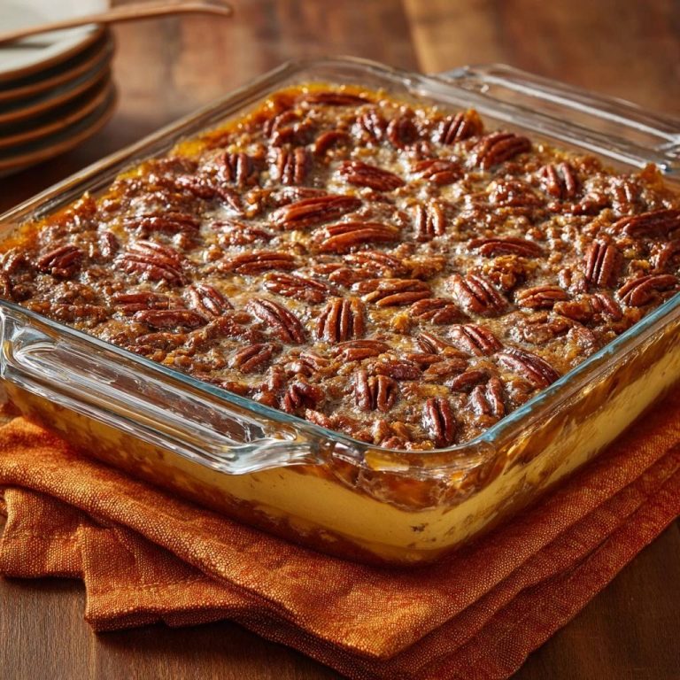 Gooey pecan pie cheesecake bars with no-sink pecans shown in a glass baking dish, highlighting the rich pecan topping.