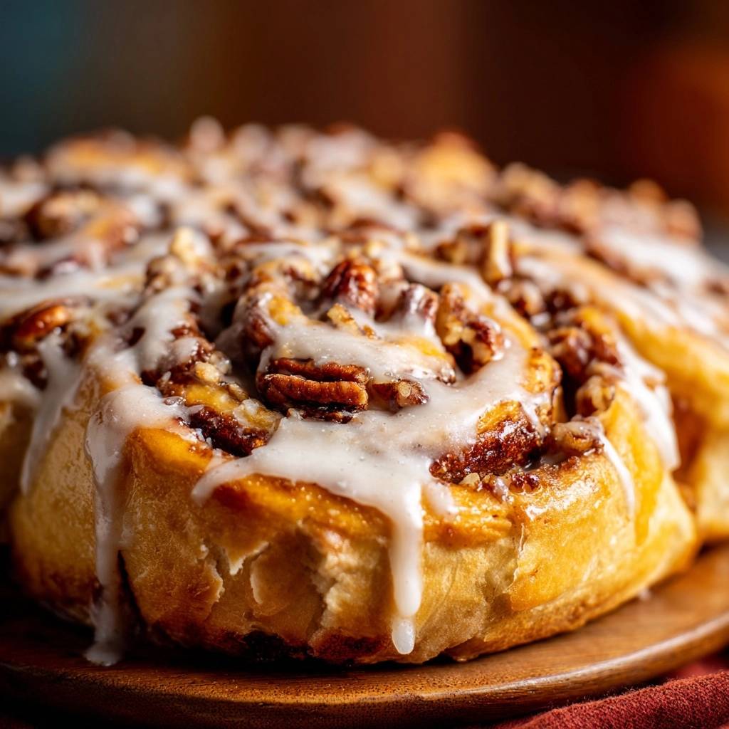 Gooey skillet pecan cinnamon rolls with a close-up view of the drizzled glaze and crunchy pecan topping.