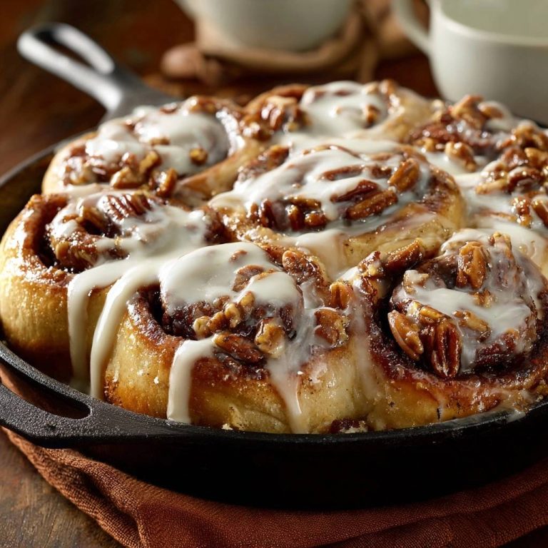 Gooey skillet pecan cinnamon rolls with white glaze and pecans, shown in a close-up overhead view.