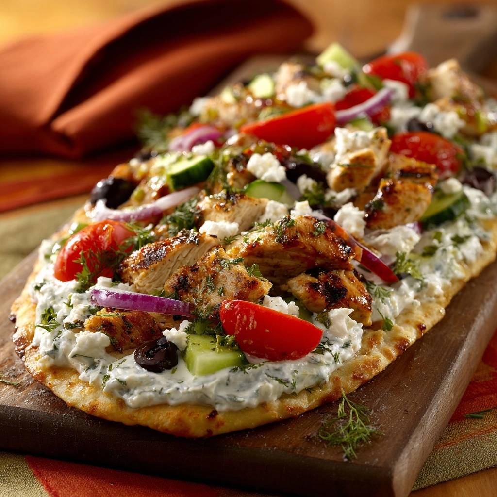 Greek chicken flatbread topped with feta cheese, tomatoes, olives, and cucumber viewed from a close-up angle.