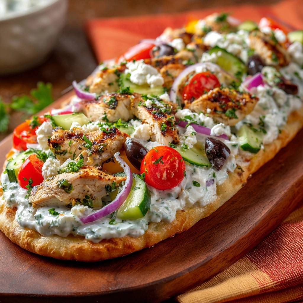 Greek chicken flatbread with a generous topping of feta, cucumber, tomatoes, and olives on a wooden board.