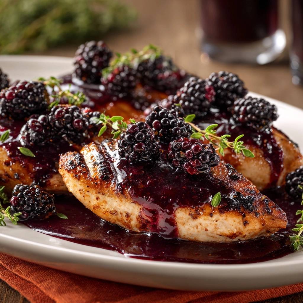 Grilled blackberry thyme chicken featuring a rich blackberry glaze and fresh thyme sprigs as a close-up detail shot.