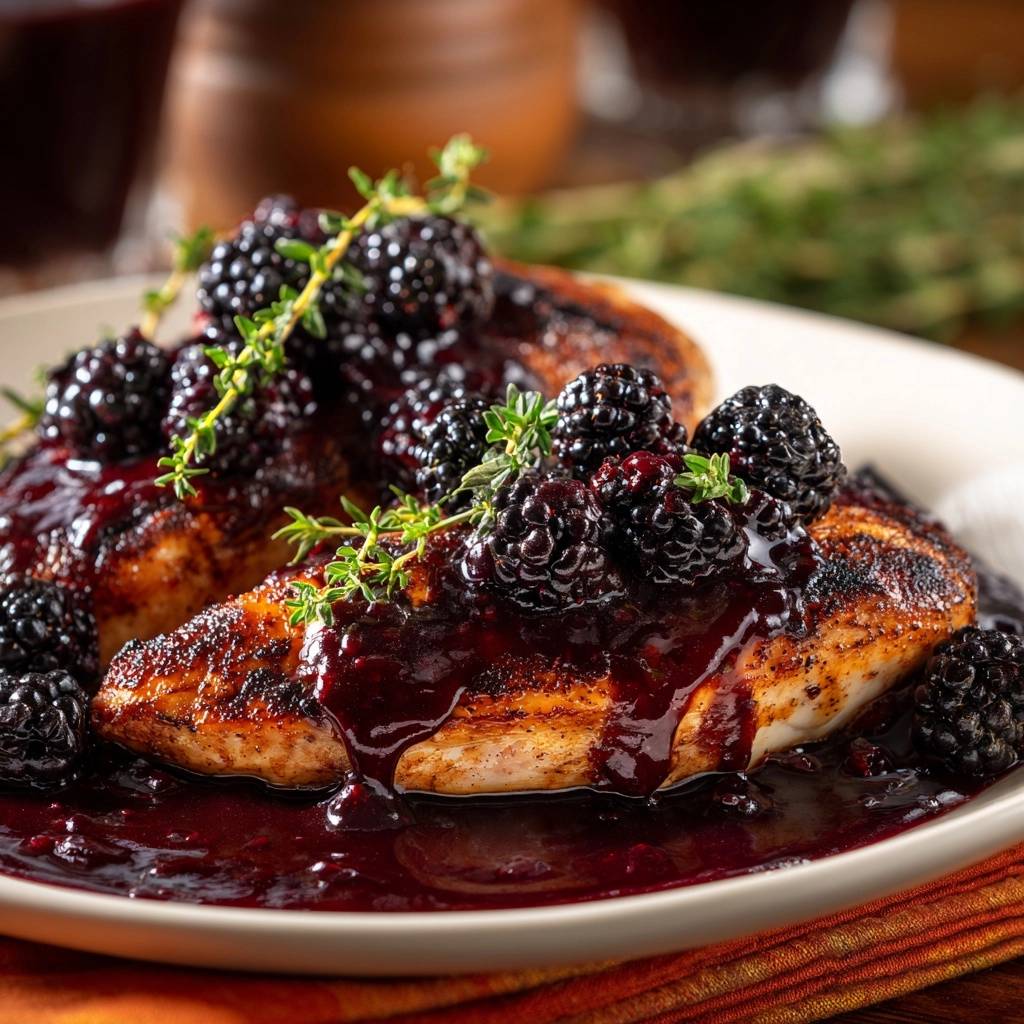 Grilled blackberry thyme chicken with a rich, glistening blackberry glaze and fresh thyme sprigs.