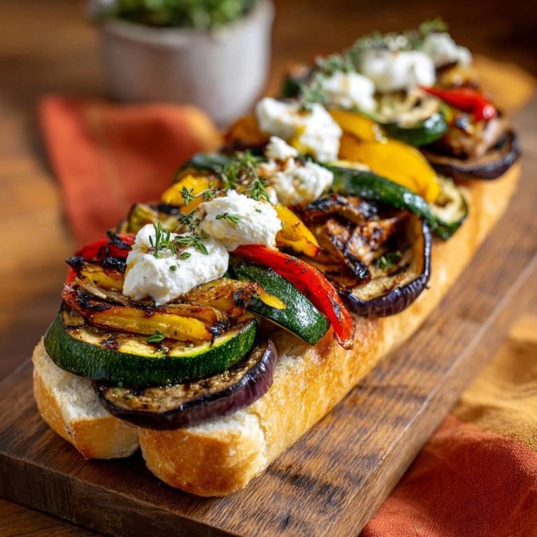 Grilled veggie baguette with goat cheese topping and fresh thyme, presented on a wooden board.