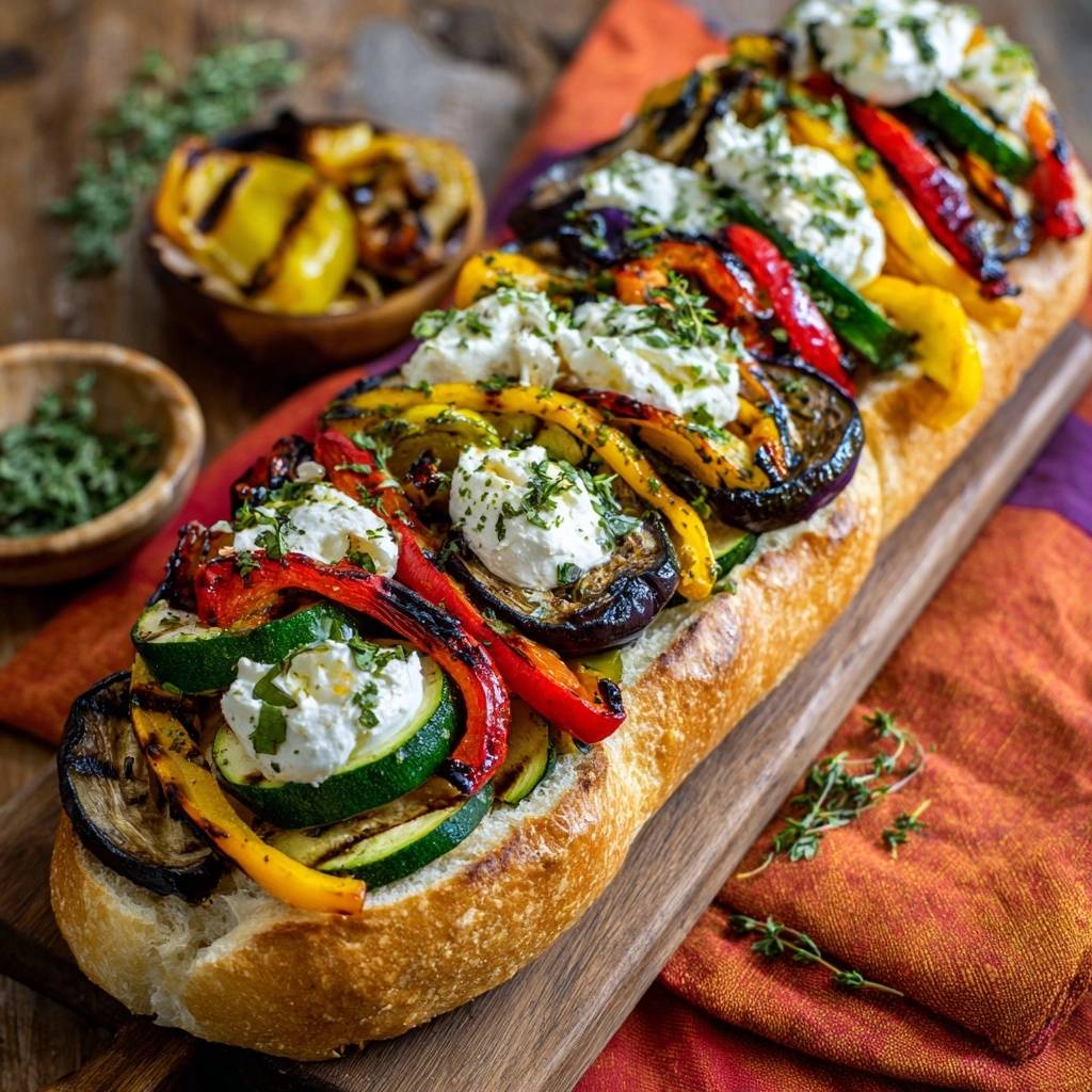 Grilled veggie baguette stacked open-face with layers of roasted eggplant, peppers, zucchini, and creamy cheese topping.
