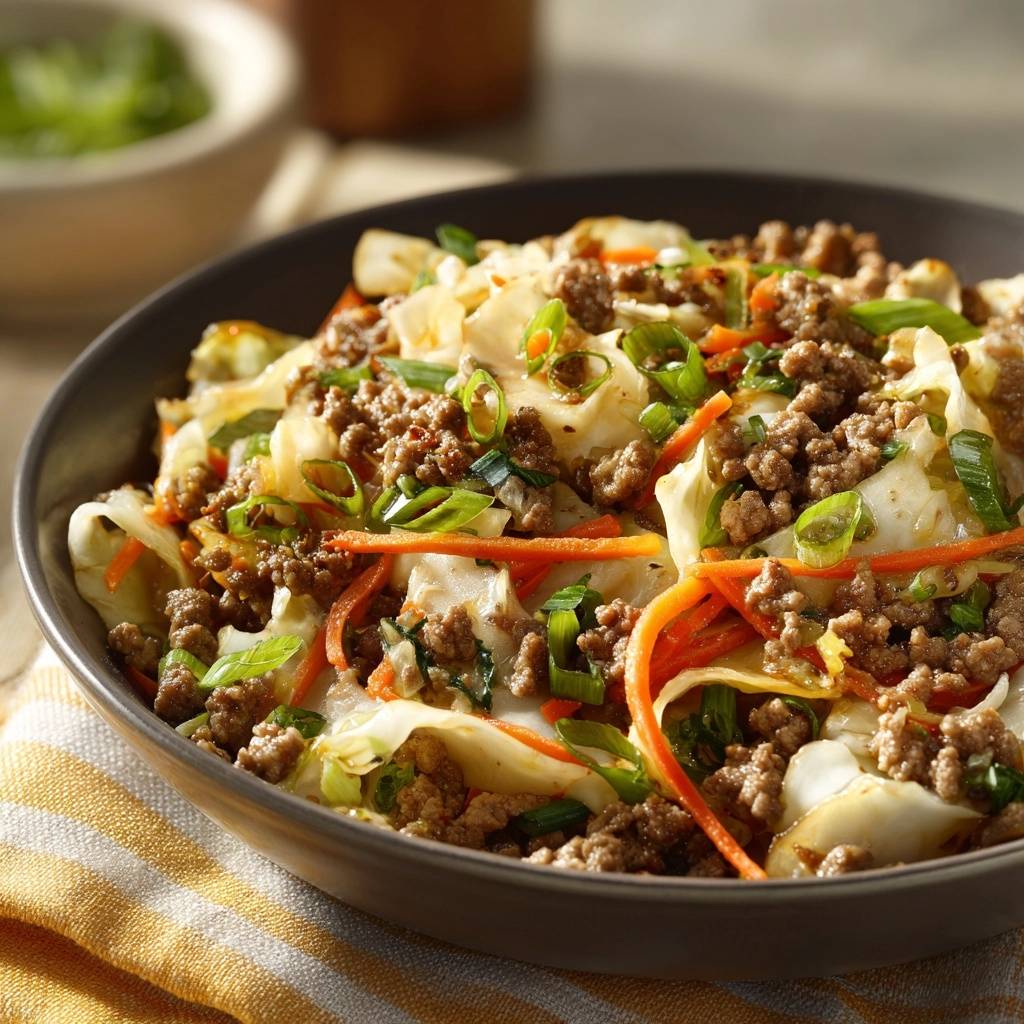 Ground beef napa cabbage stir-fry served in a dark bowl, with a close-up view showing the texture of the ingredients.
