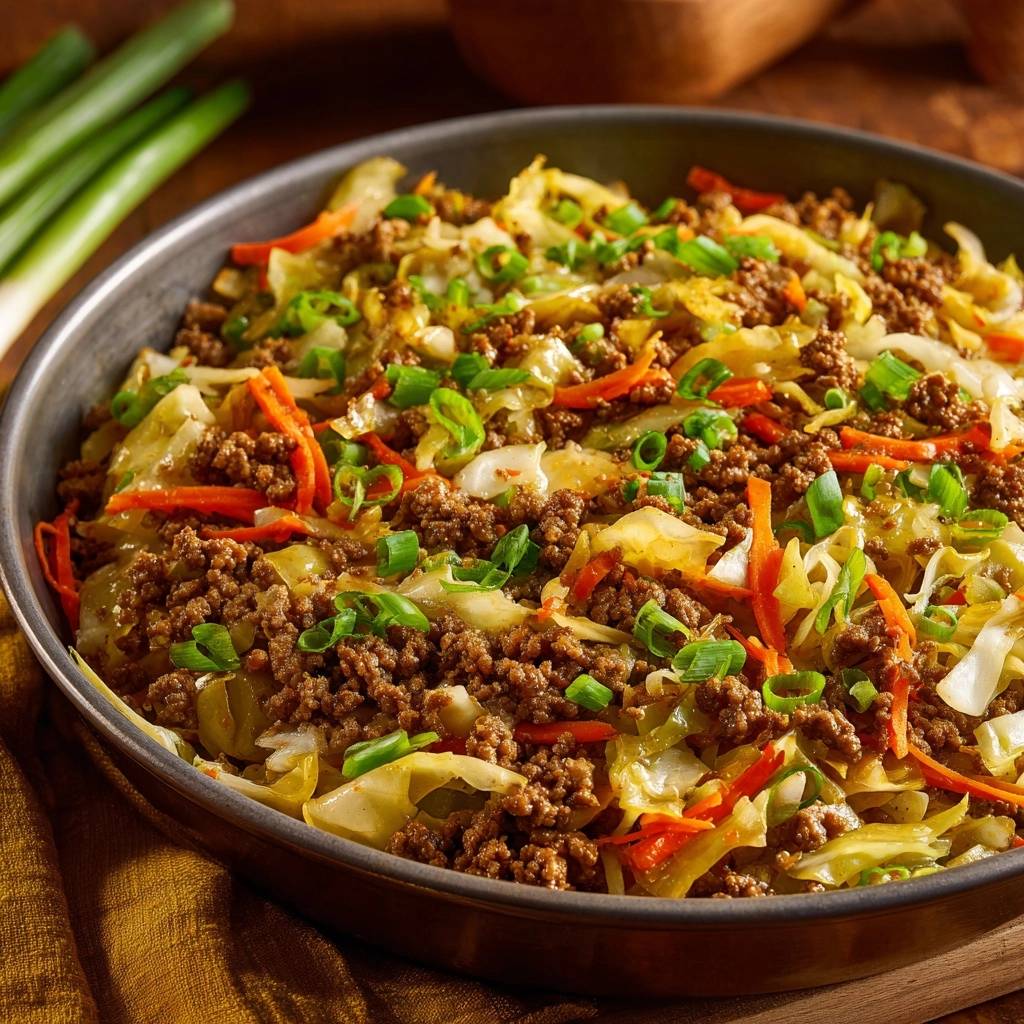 Ground beef Napa cabbage stir-fry served in a pan, garnished with chopped green onions and julienned carrots.