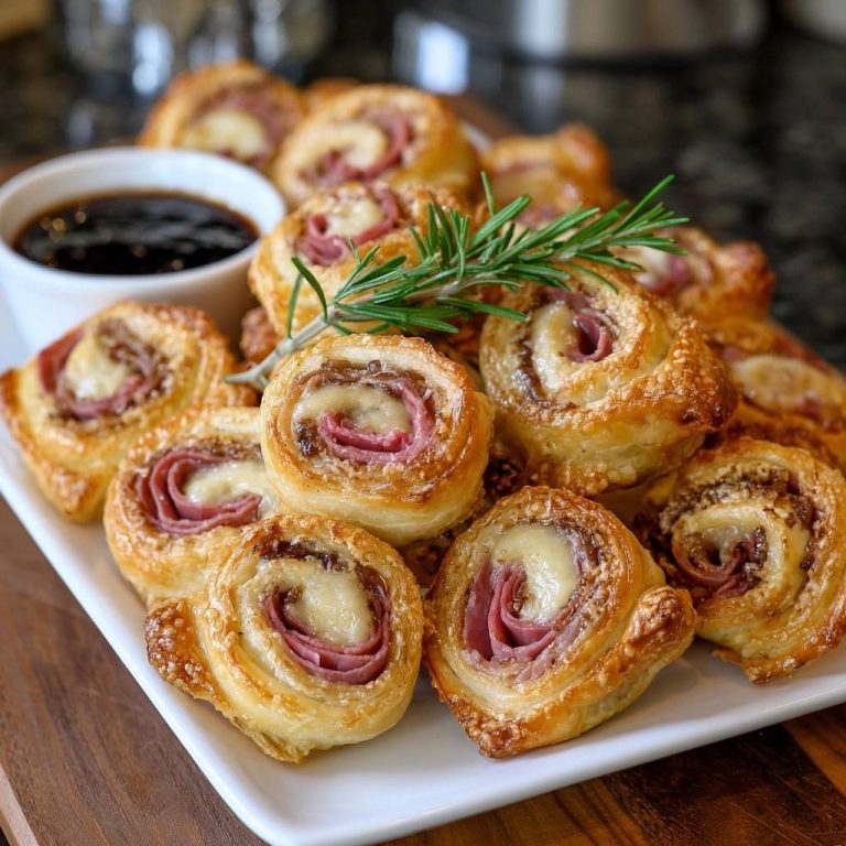 Ham, cheese & caramelized onion puff pastry pinwheels piled high on a white plate with a rosemary garnish.