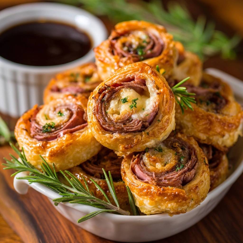 Ham, cheese & caramelized onion puff pastry pinwheels are piled high in a white dish, garnished with fresh rosemary.