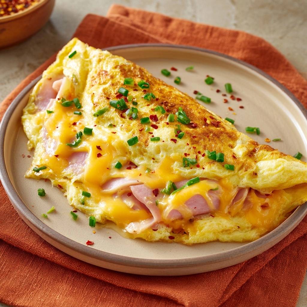 Ham and cheese omelette plated with a close-up view showing melted cheese and garnishes.