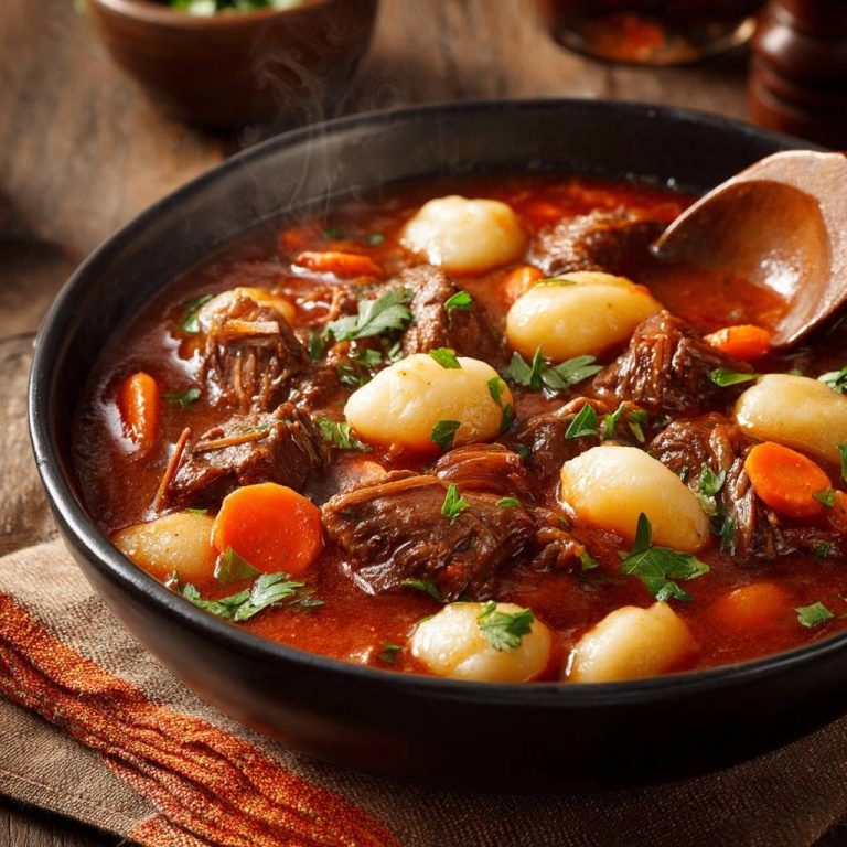Hearty beef stew with pearl onions, featuring tender meat and carrots, with steam rising from the rich broth.