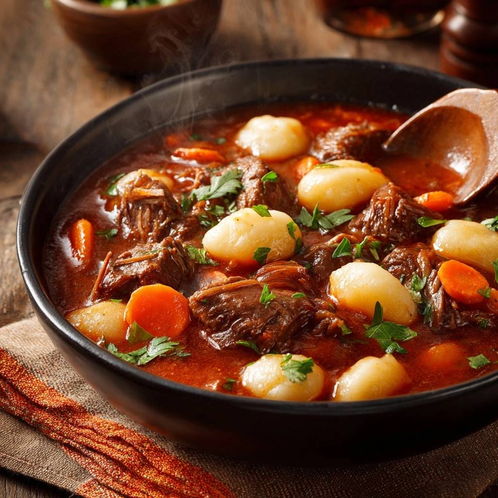 Hearty beef stew with pearl onions, featuring tender meat and carrots, with steam rising from the rich broth.