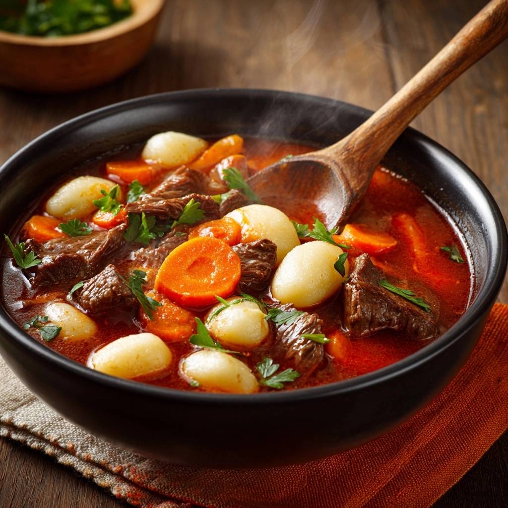 Hearty beef stew with pearl onions and carrots served in a bowl with a wooden spoon, showing a spoonful of the stew.