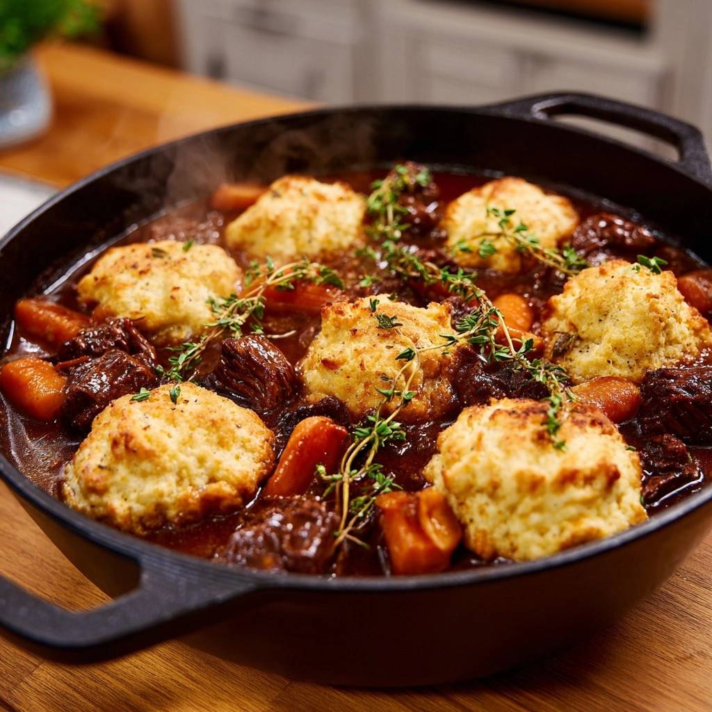 Hearty beef stew with thyme dumplings shown in a cast iron pot with steam rising.