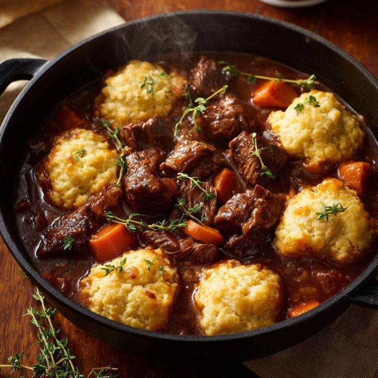 Hearty beef stew with thyme dumplings shown in a cast iron pot with steam rising, overhead view.