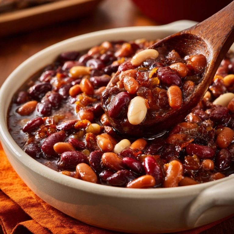 Hearty mixed bean bake with thick, glossy sauce scooped onto a wooden spoon, showing bean textures.