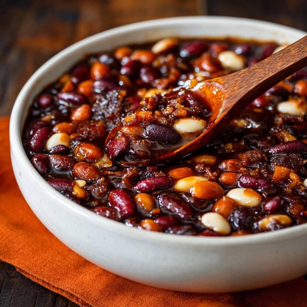 Hearty mixed bean bake with a wooden spoon scooping up a spoonful of the thick, glossy sauce.