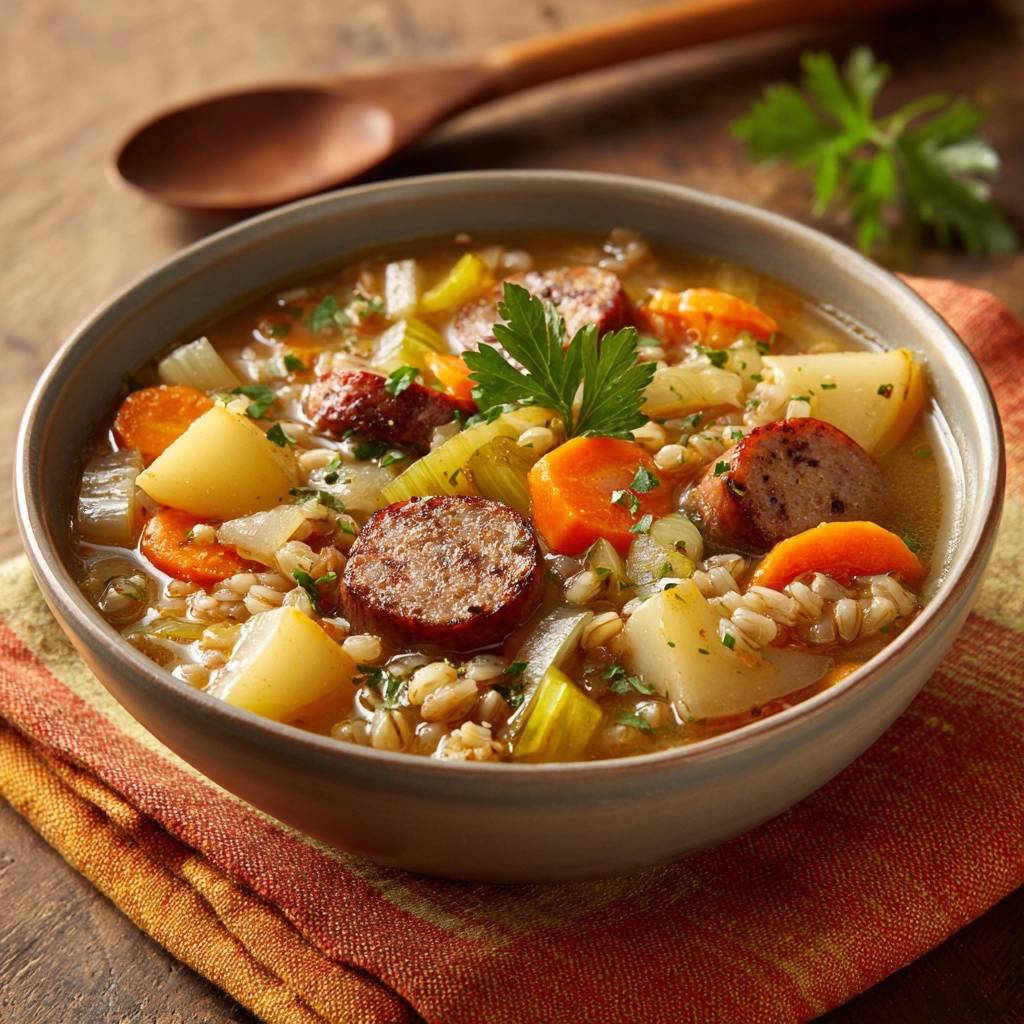 Hearty sausage barley soup in a bowl, showing a close-up of the rich texture with sausage, carrots, and barley.