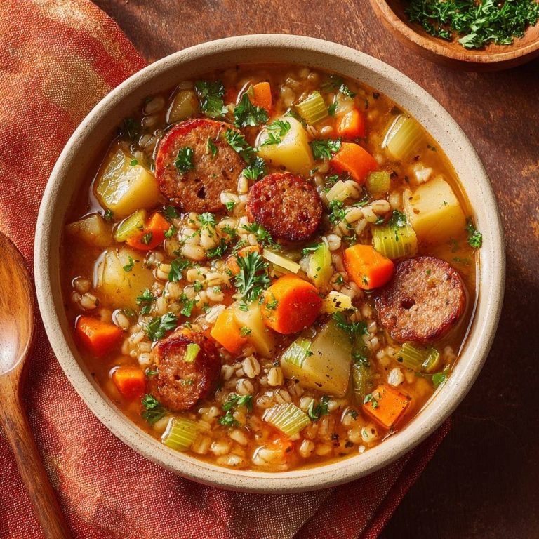 Hearty sausage barley soup with potatoes, carrots, and celery in a close-up bowl view.