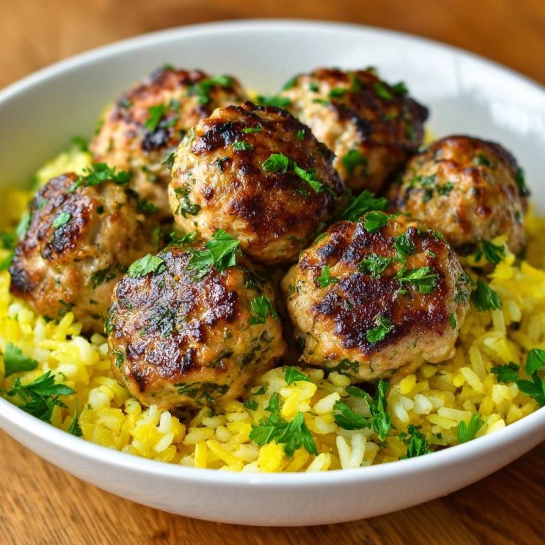 Herbed chicken meatballs over turmeric rice, garnished with parsley, presented in a white bowl with a close-up view.