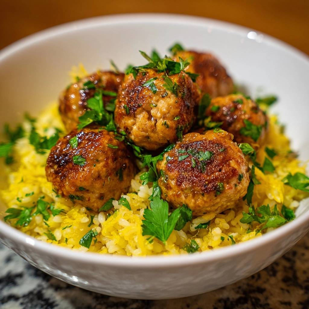 Herbed chicken meatballs over turmeric rice, a close-up view highlighting the fresh parsley garnish and golden rice.