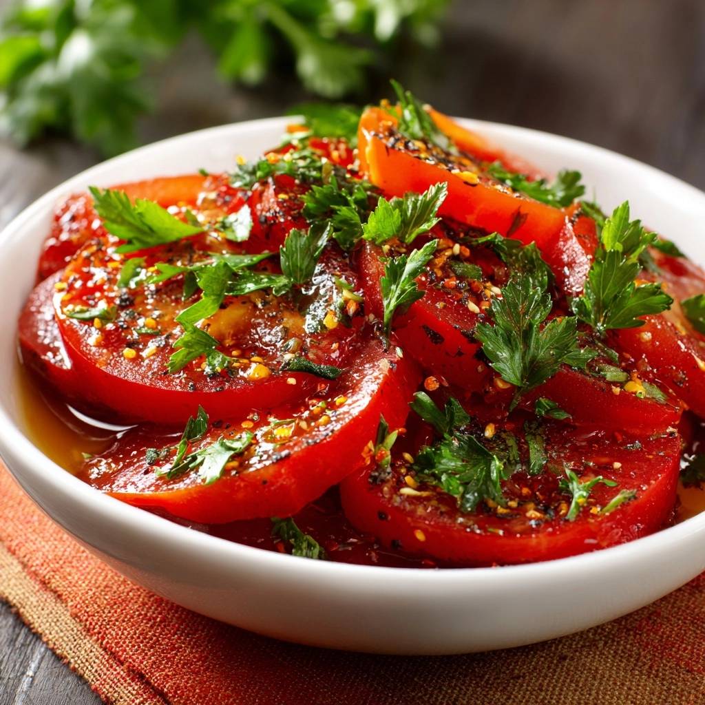 Italian tomato salad, sliced and garnished with fresh parsley and spices, served in a white bowl.