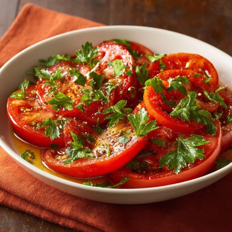 Italian tomato salad sliced and garnished with fresh parsley and seasoning in a white bowl.