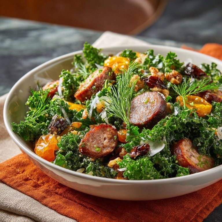 Kale sausage citrus salad featuring tender greens, sliced sausage, and citrus segments in a close-up bowl view.
