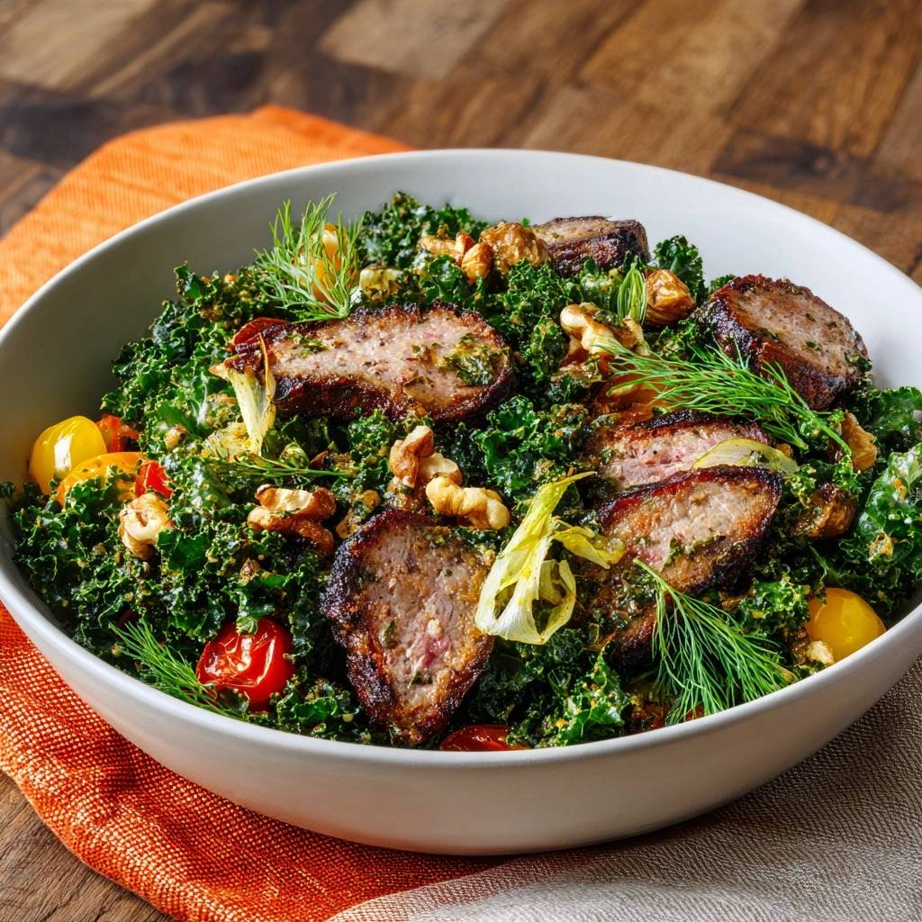 Kale sausage citrus salad with sliced sausage and walnuts shown from a slightly overhead angle.