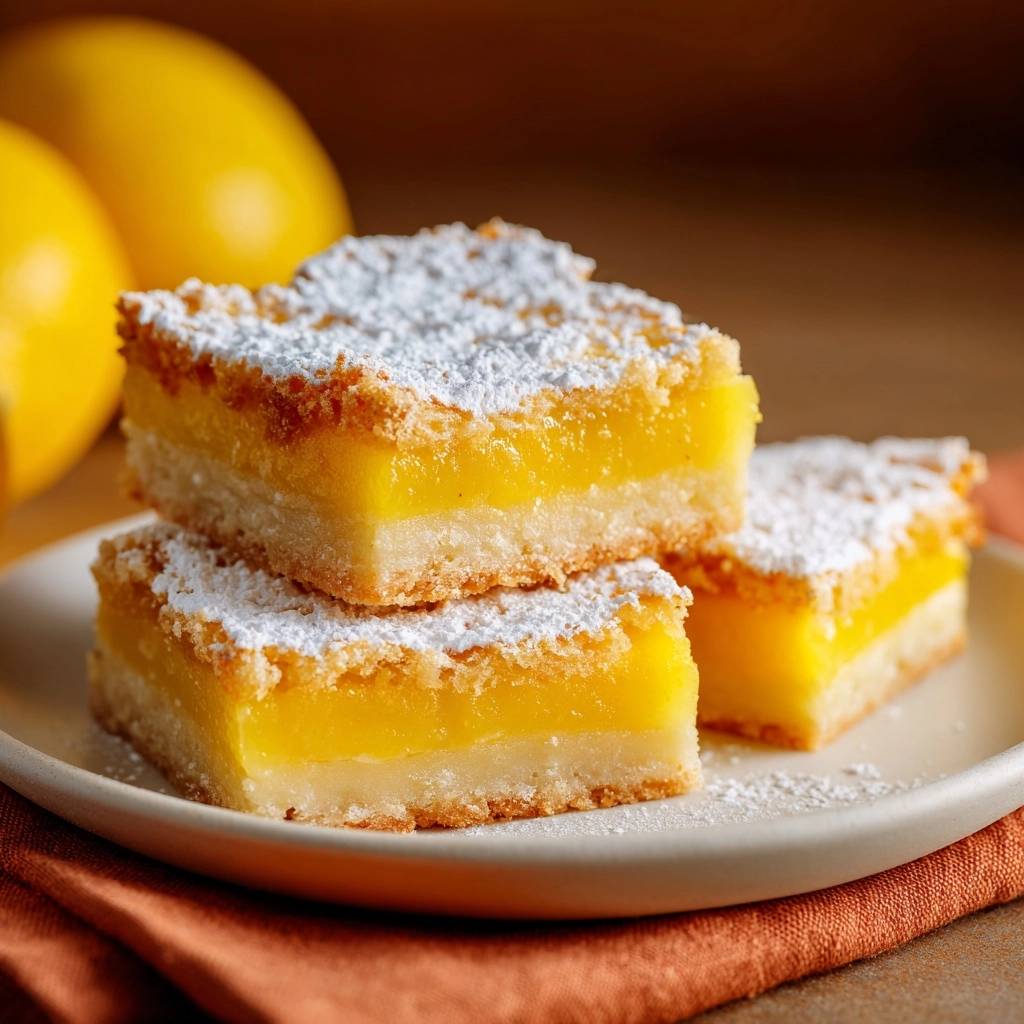 Perfect lemon bars stacked on a white plate, dusted with powdered sugar, with lemons in the background.