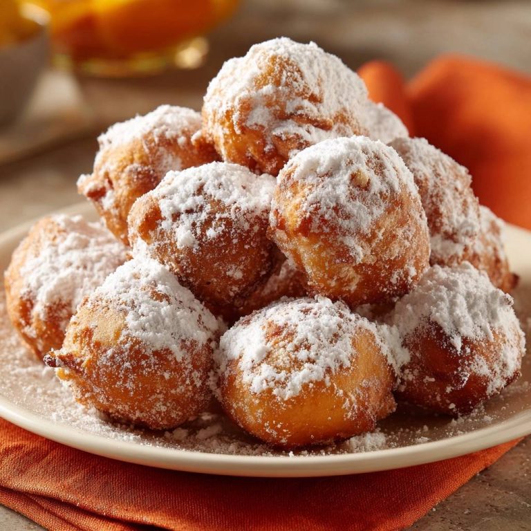 Lemon beignets covered in powdered sugar piled high on a plate, showcasing their fluffy texture.