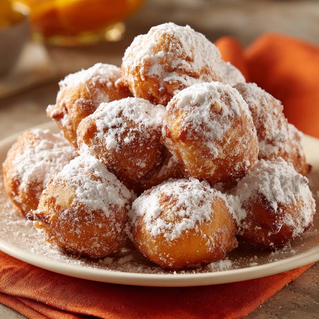 Lemon beignets covered in powdered sugar piled high on a plate, showcasing their fluffy texture.