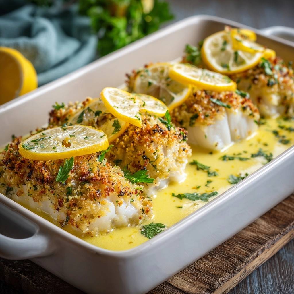 Lemon crumb baked white fish served in a baking dish with lemon slices and fresh parsley.