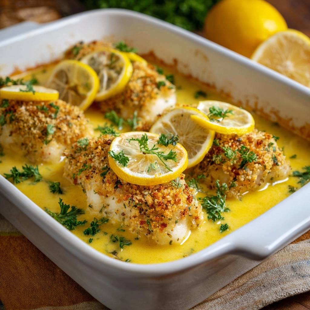 Lemon crumb baked white fish served in a creamy sauce, topped with lemon slices and fresh parsley garnish.