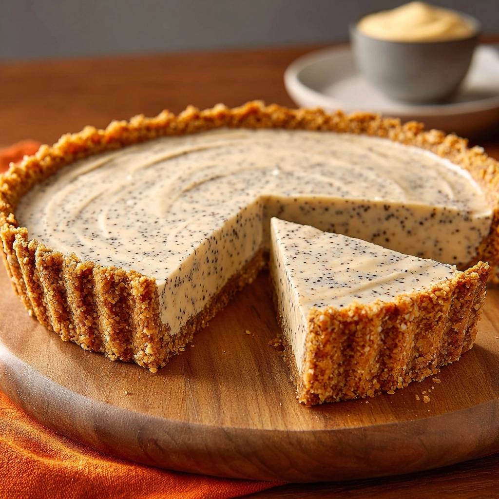 Lemon poppy seed cheesecake with a slice removed, showing the creamy filling and textured crust.