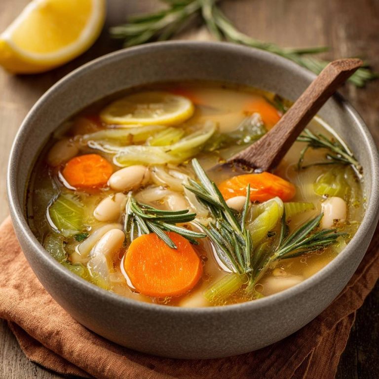 Lemon rosemary white bean soup served in a grey bowl with fresh rosemary sprigs and a wooden spoon.