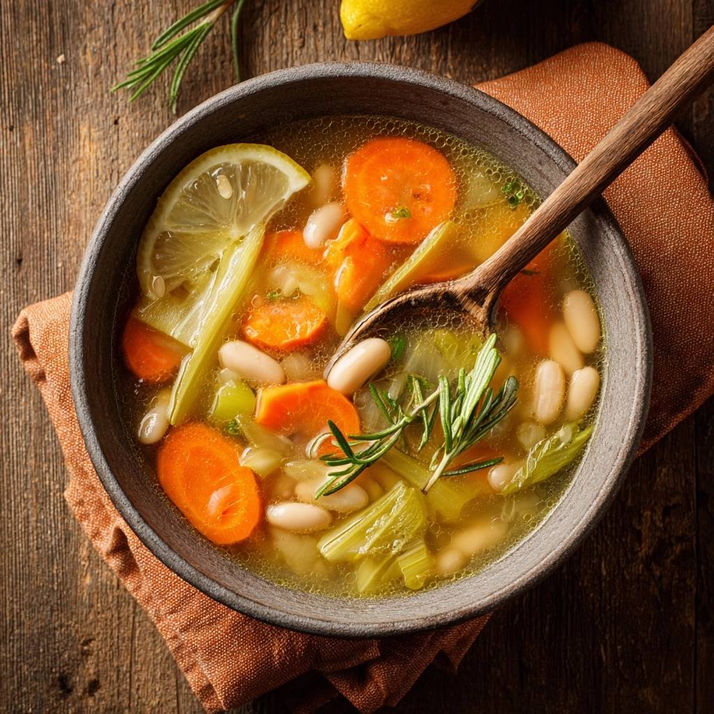 Lemon rosemary white bean soup served in a rustic bowl with a wooden spoon, showcasing carrots and beans.