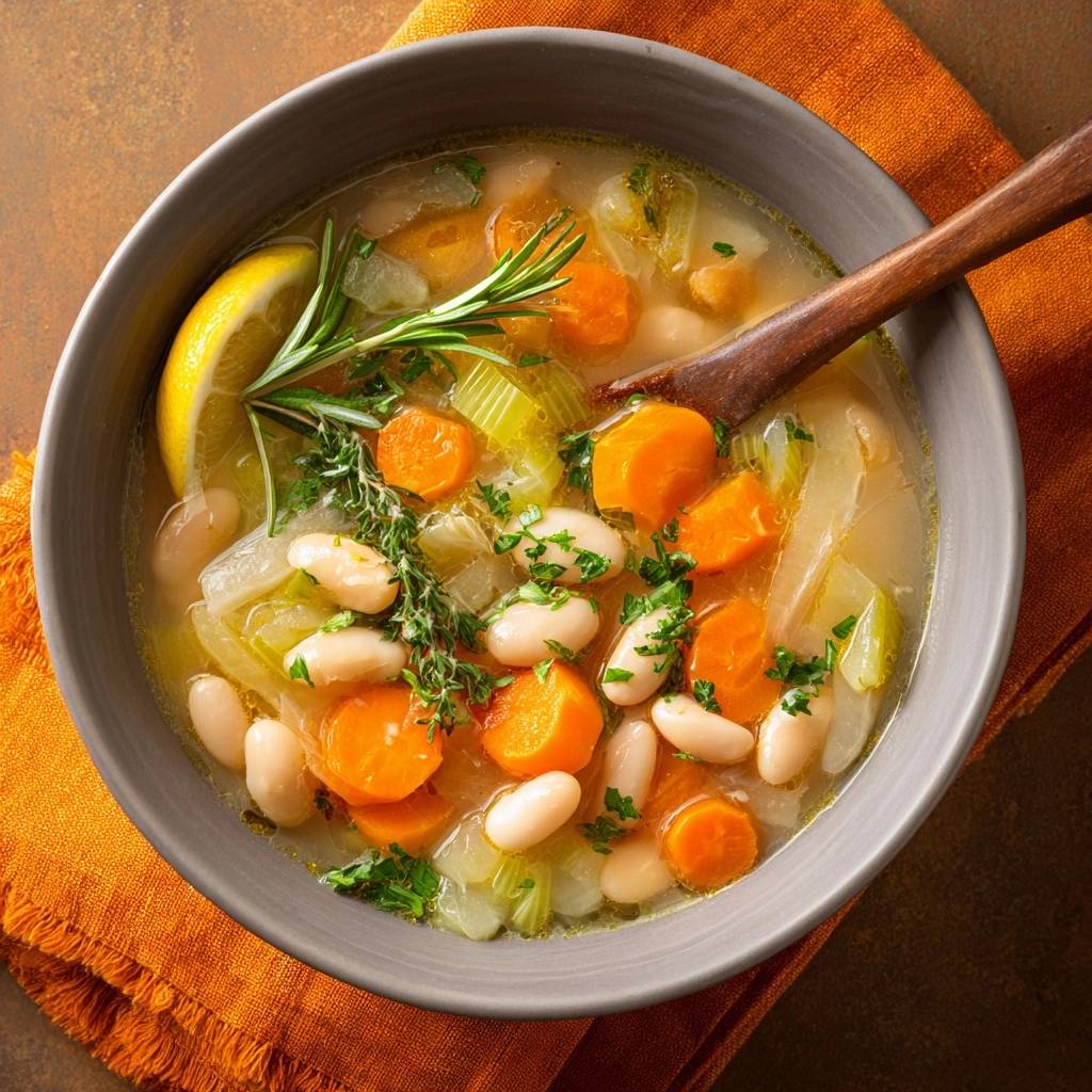 Lemon rosemary white bean soup in a bowl, garnished with fresh herbs and a lemon slice, viewed from above.