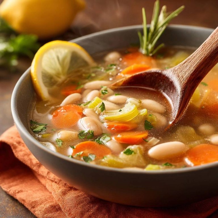 Lemon rosemary white bean soup being served with a wooden spoon, garnished with fresh rosemary and a lemon slice.
