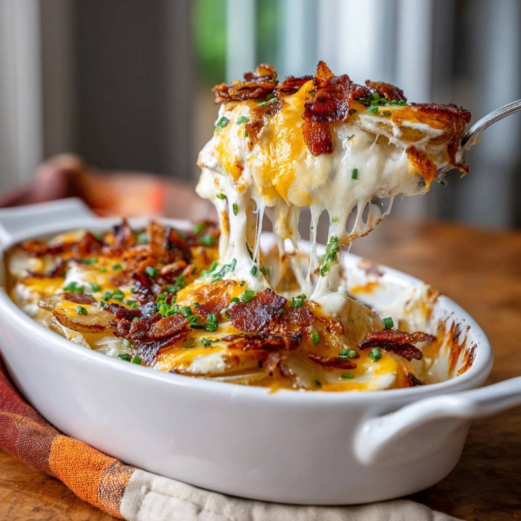 Loaded Bacon Cheddar Potato Casserole with a dramatic cheese pull being lifted on a fork.