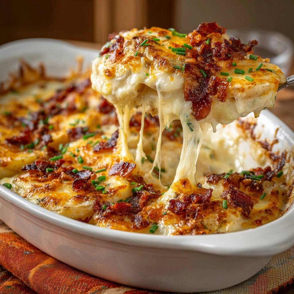 Loaded bacon cheddar potato casserole with a large cheesy pull shown on a serving spoon.
