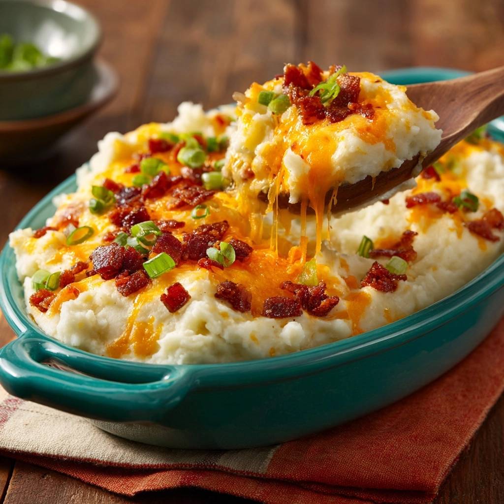 Loaded bacon cheese mashed potatoes with a spoonful being lifted, showing gooey cheese.