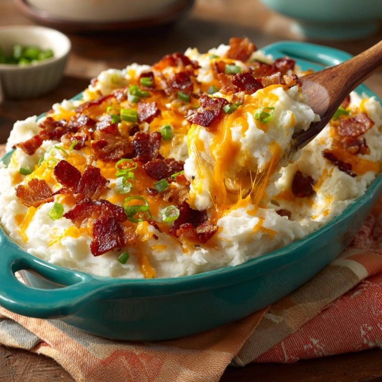 Loaded bacon cheese mashed potatoes being scooped, showing gooey melted cheese strands.